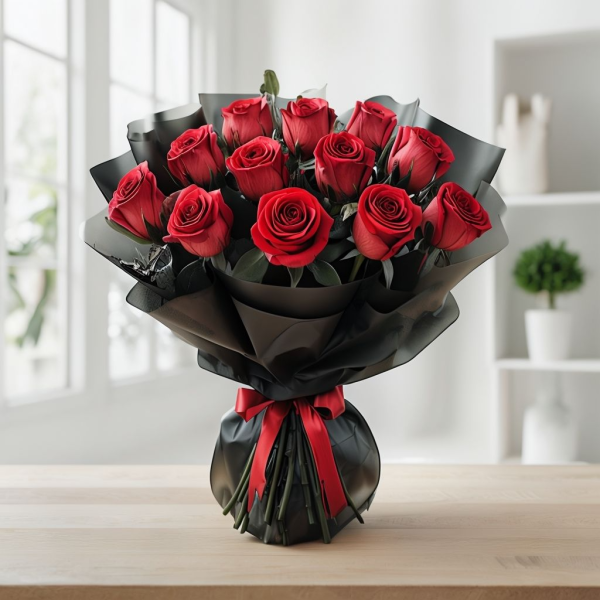 Valentines Day Round Shaped Red Roses White Wrapped Bouquet