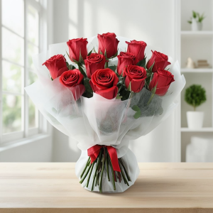 Valentines Day Premium Red Roses Bouquet White Wrapped Dubai