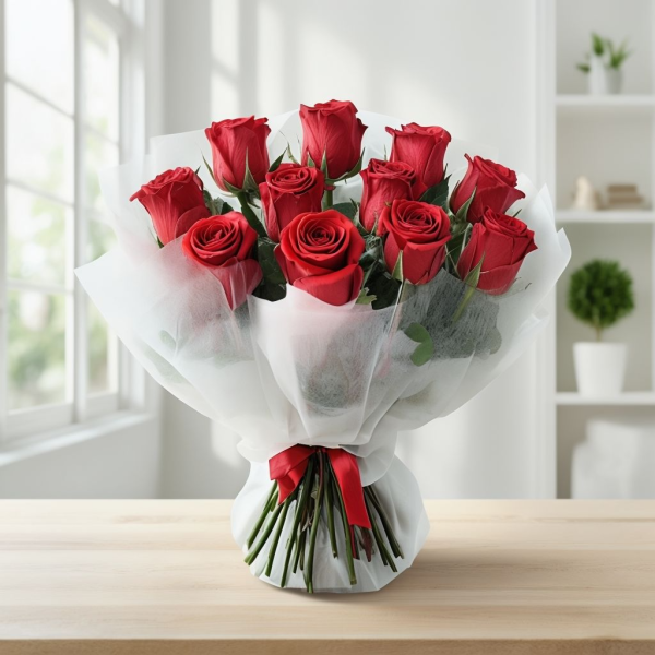 Valentines Day Premium Red Roses Bouquet White Wrapped Dubai